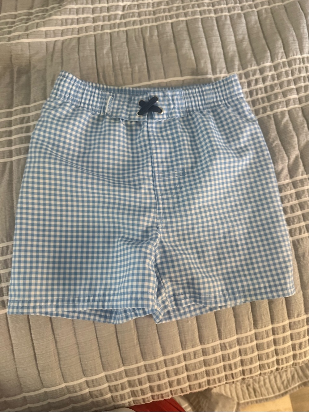Kids Light Blue Gingham Swim Trunks